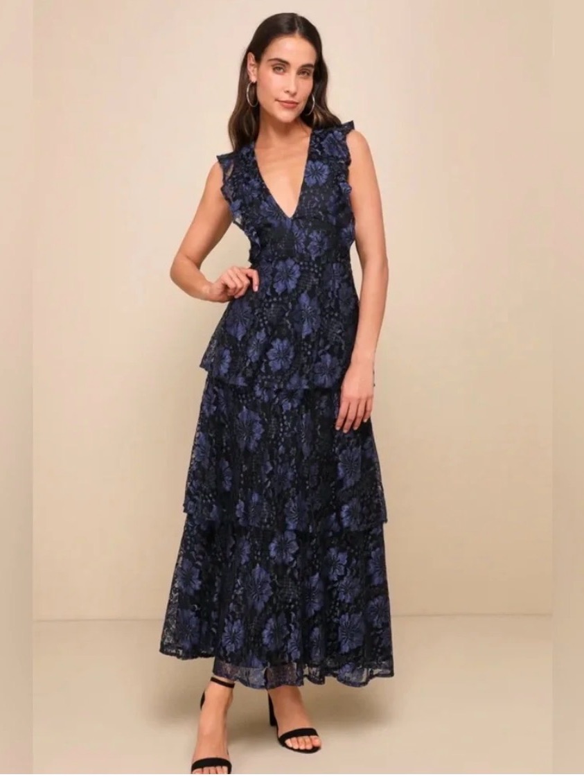 Lulu's Navy Floral Lace Tiered Maxi Dress